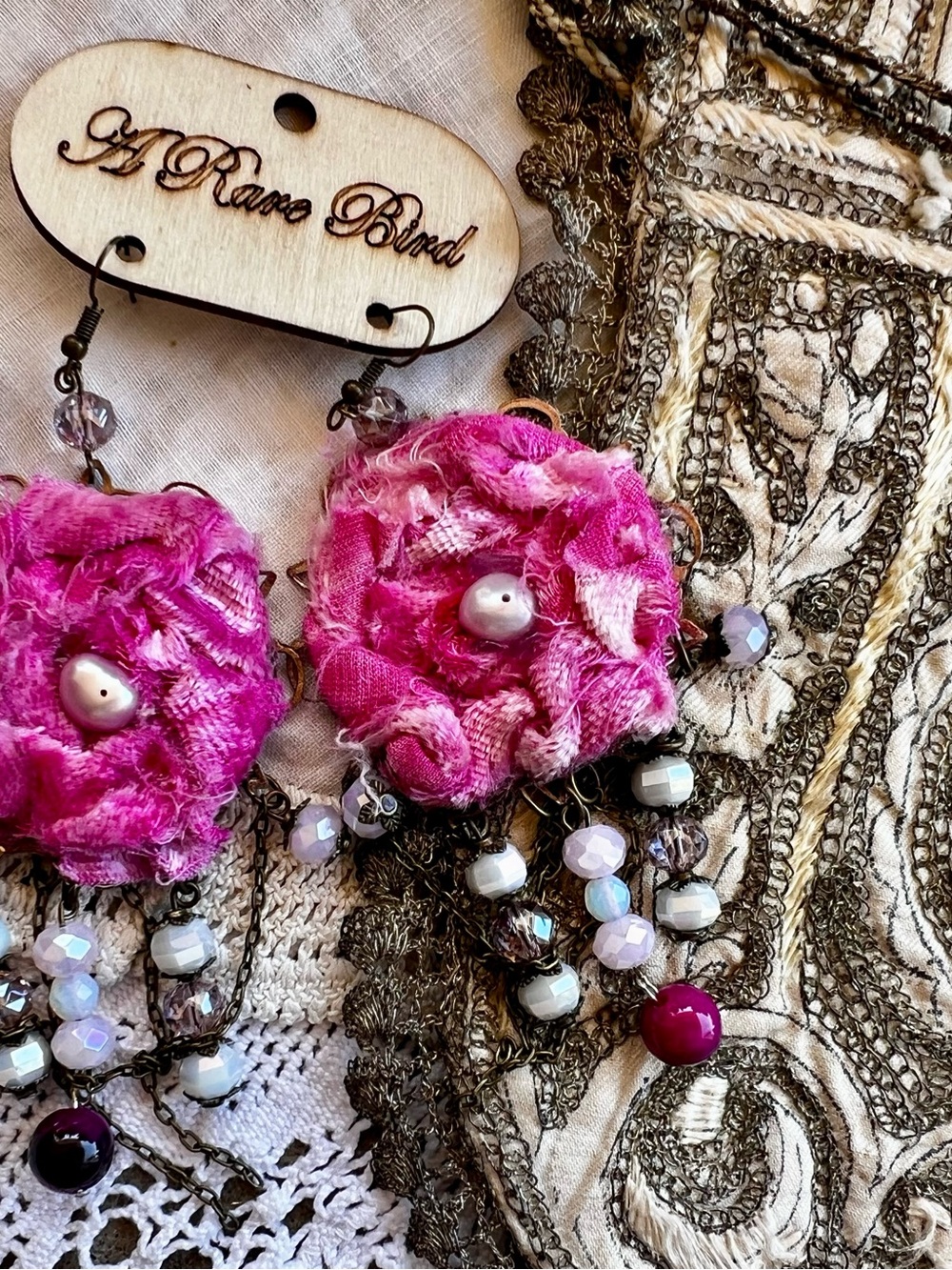 A Rare Bird Pink Floral Drop Earrings with Bead and Chain Fringe - Picture 2 of 2